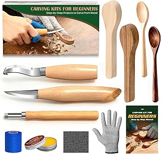 Wood Carving Kit for Beginners, Wood Spoon Carving Kit with Cut Resistant Gloves, Basswood, Walnut, Sandpaper, Self-Adhesive Bandage & Wood Wax Oil - Starter Wood Whittling Kit for Kids, Teens