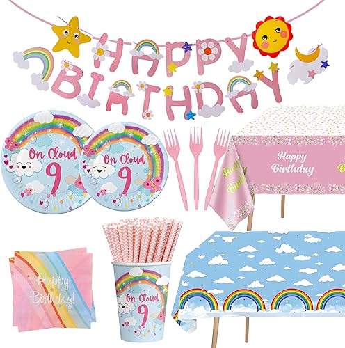 Miniatura 1 de On Cloud - Decoraciones de cumpleaños 9 para niñas, platos y servilletas de cumpleaños de 9 años On Cloud, decoraciones de 9 cumpleaños para niñas,