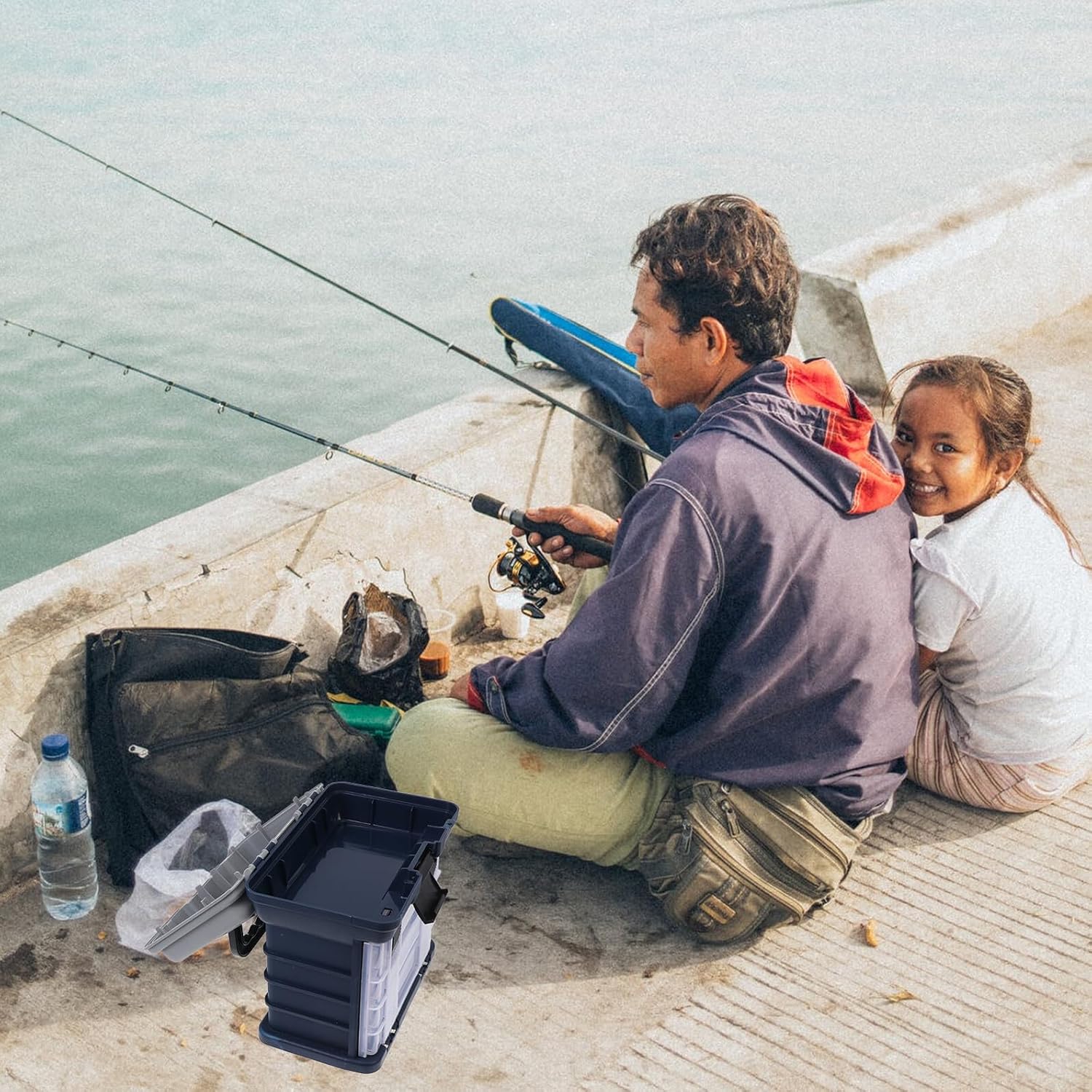 DOITOOL Fishing Tackle Box with 4-layer Storage Portable Gray Plastic Bait Box with Handle Multifunctional Fishing Tools Organizer