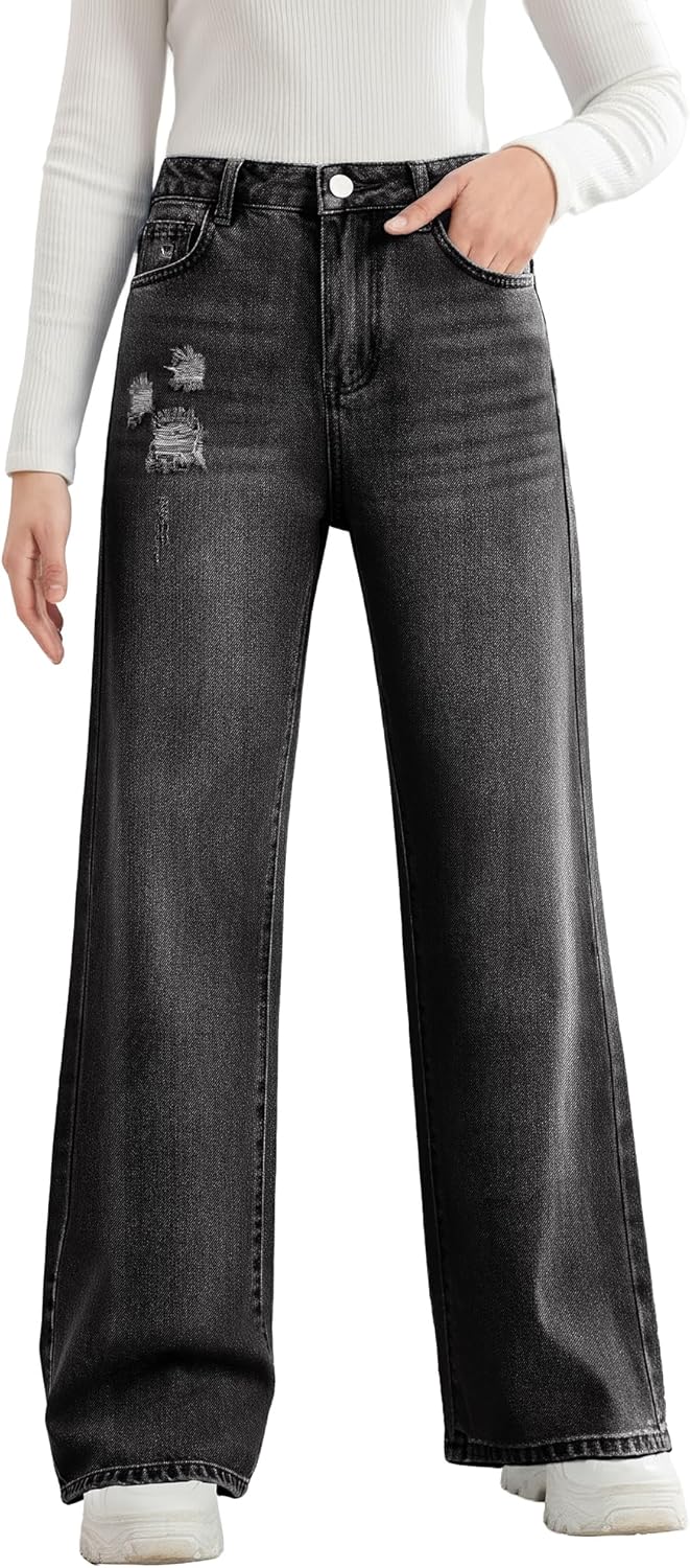 Girls Ripped Jeans Wide Leg Denim Pants Cute Cotton Fall Clothes for Kids Streetwear