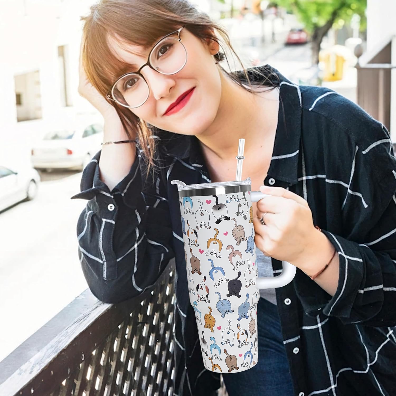 30 oz Cats Lover Gift Tumbler with Handle Straw Lid 30oz Cats Themed Water Bottle Double Stainless Steel Insulated Basketball Cup Travel Coffee Mug - Image 2