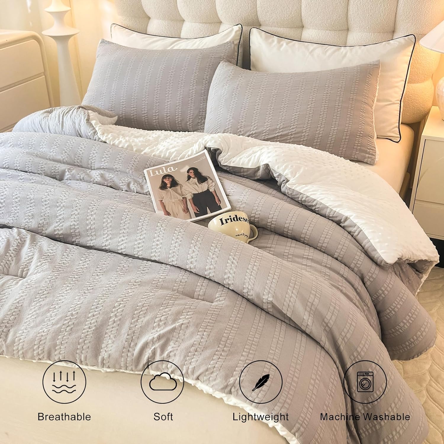 Boho Comforter Set Full Size Striped Pleats Bohemian Seersucker Bedding Set All Season Soft Cozy 3 Pieces Quilt with 2 Pillowcases(80"X90" Grey) - Image 4