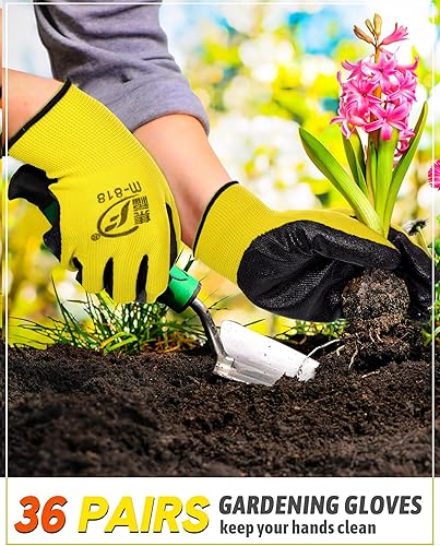 Vista 29 de Honeydak 36 pares de guantes de jardinería para hombres y mujeres, guantes de jardín con revestimiento de goma transpirable Rojo