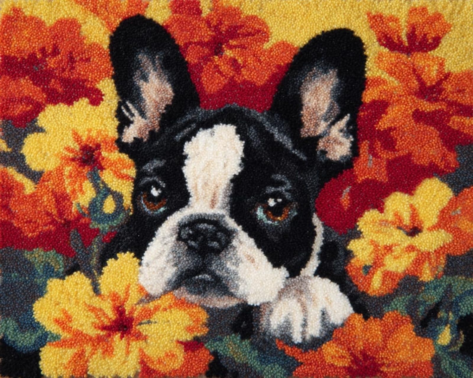 Wallphantom DIY Latch Hook Rug Kit,French Bulldogs and Flowers,Latch Hook Kits for Adults,Home Carpet Rug Making,Needlework Crafts Rug for Home Decor,60x90cm