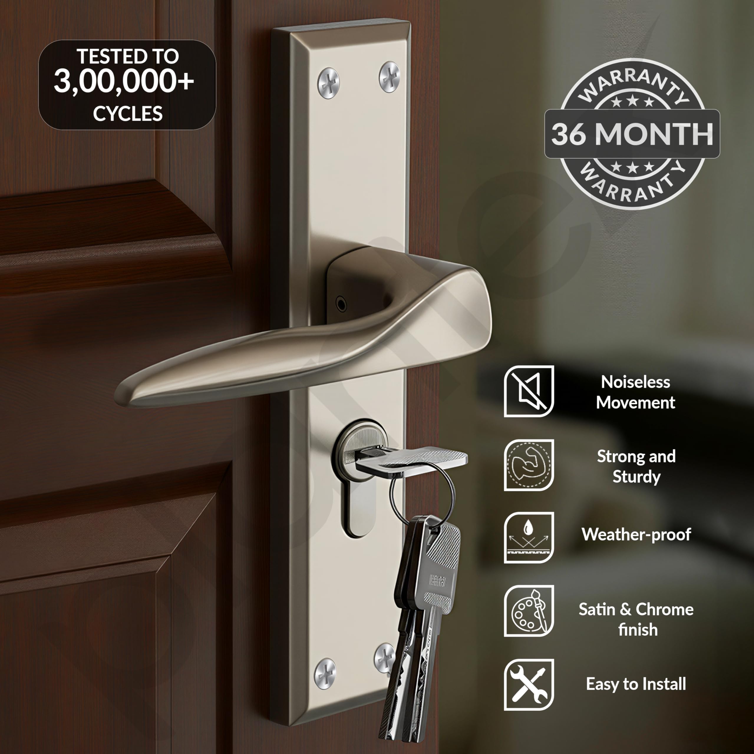 Plantex Mortise Lock Handle Set - 6-Lever, 3 Keys -4 Plantex Mortise Lock Handle Set - 6-Lever, 3 Keys -4