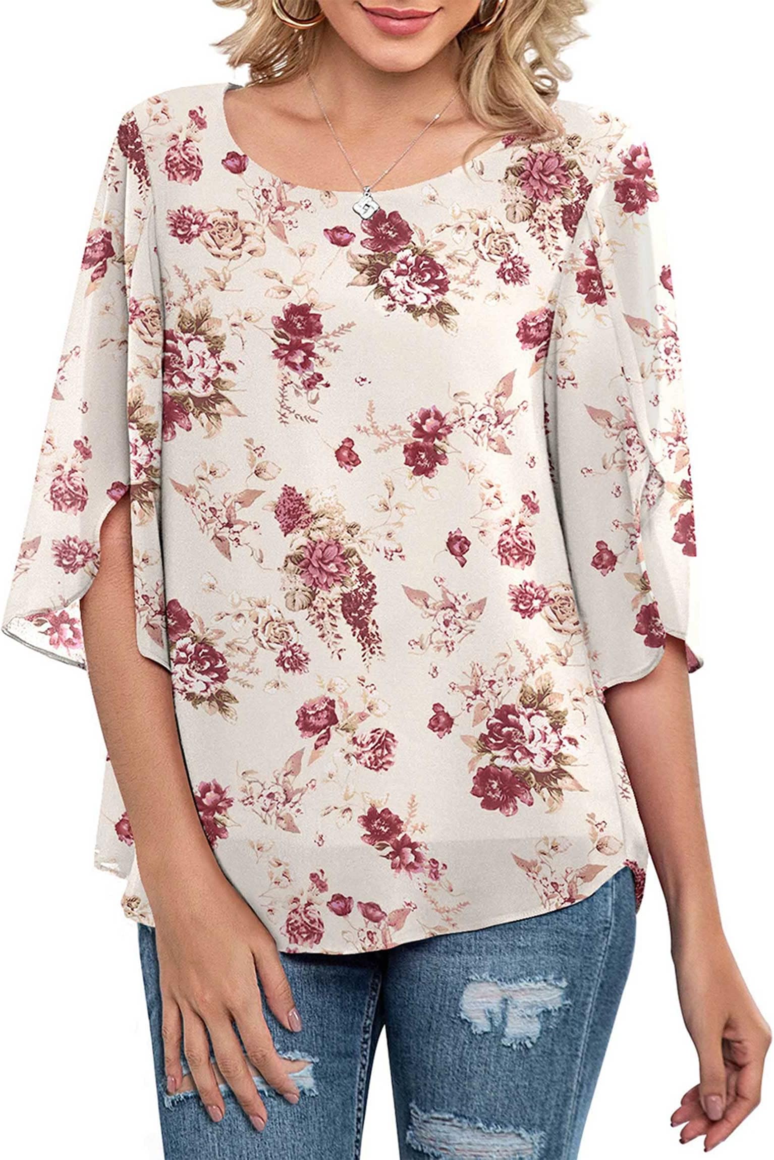 Neineiwu Women's Chiffon Blouse 3/4 Ruffle Sleeve Double-Layer Casual Top | Scoop Neckline, Two-Layer Fabric, Lightweight, Not See-Through, Floral & Solid, Loose Fit, Perfect for Spring, Summer, Fall