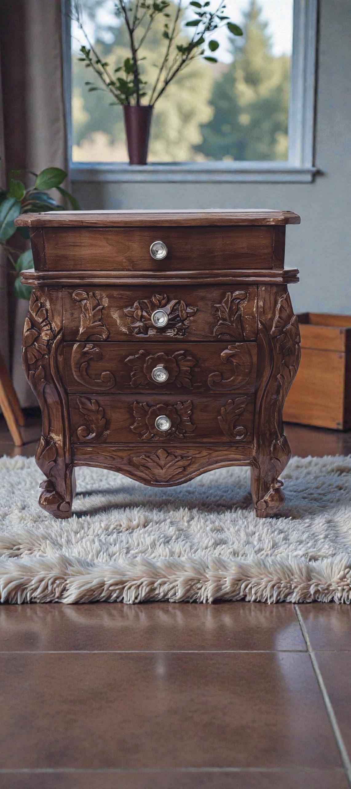 Victorian Style Wooden Nightstand, Hand-Carved Floral Design, 3 Drawer Bedside Table, Antique Pine Finish (Wooden nightstand)-image-14