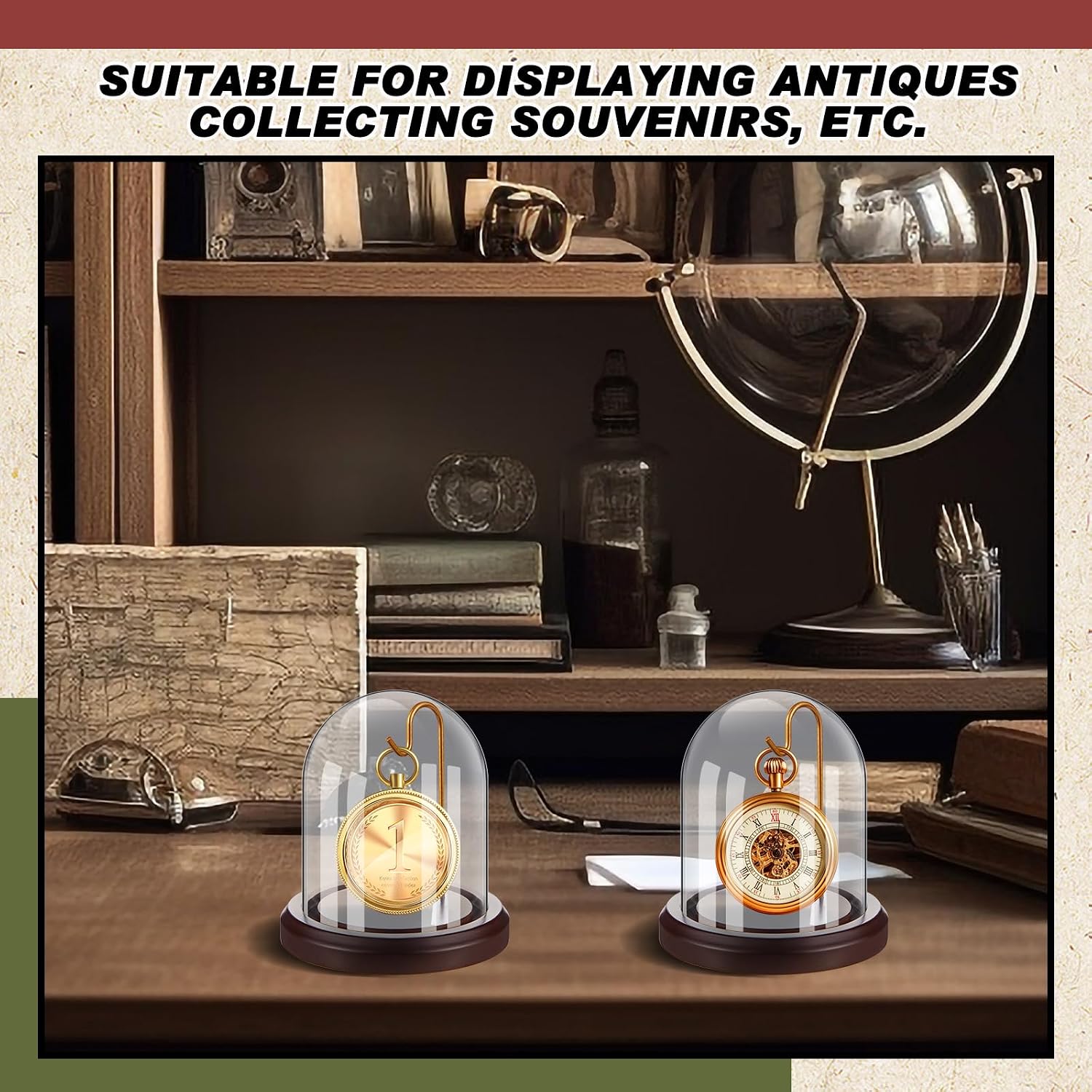Beeveer 2 Pcs Clear Pocket Watch Glass Display with Hooks Dome Cloche with Wood Base Christmas Decorative Showcase for Watch Plants Medals Photos Collectibles(Reddish Brown,3" X 4",Dome Style)
