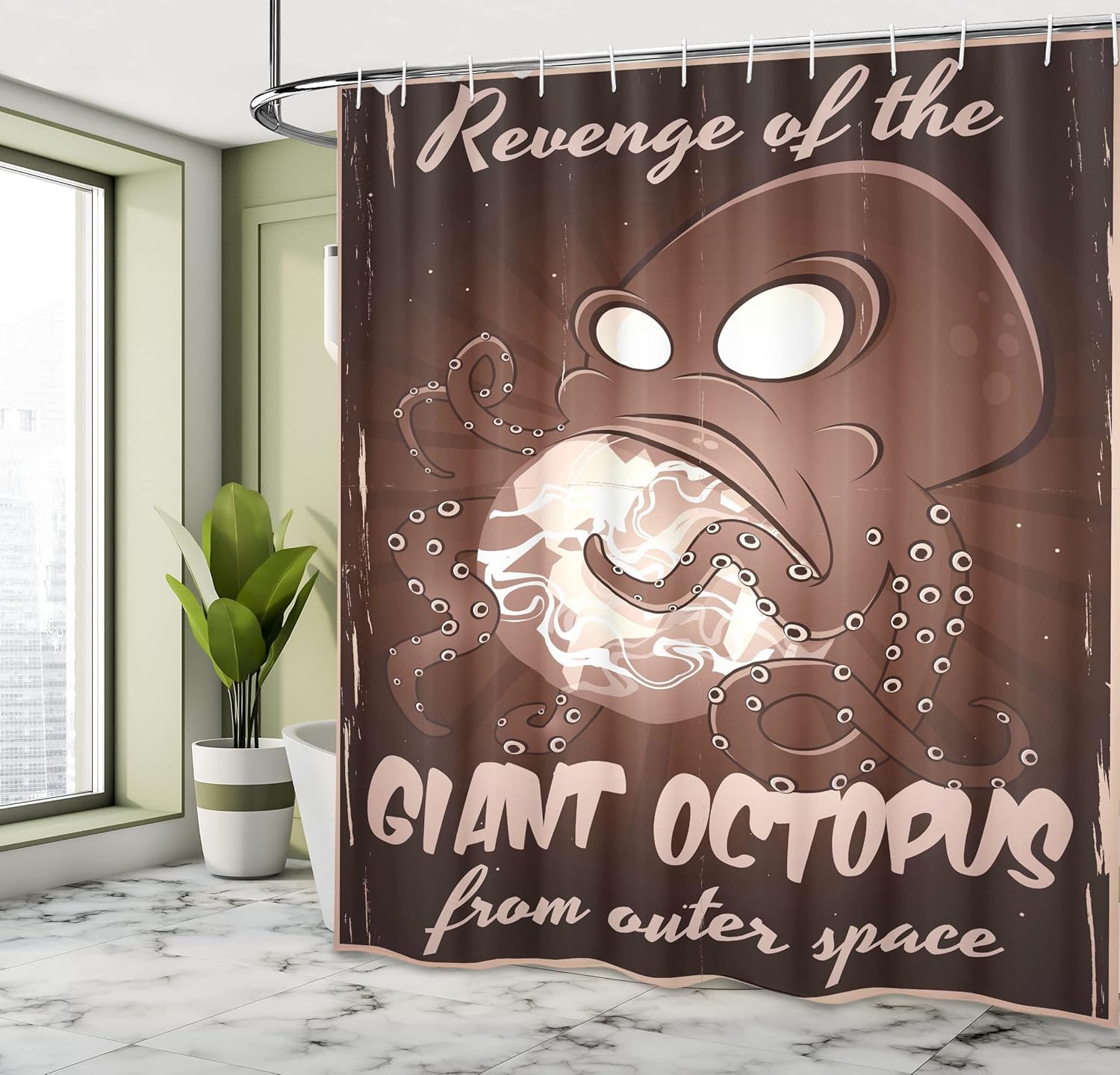 Ambesonne Octopus Shower Curtain, Retro Poster Print of a Cartoon Monster Alien Kraken Tentacles Attacking The Earth from Outer Space, Cloth Fabric Bathroom Decor Set with Hooks, 69" W x 84" L, Brown
