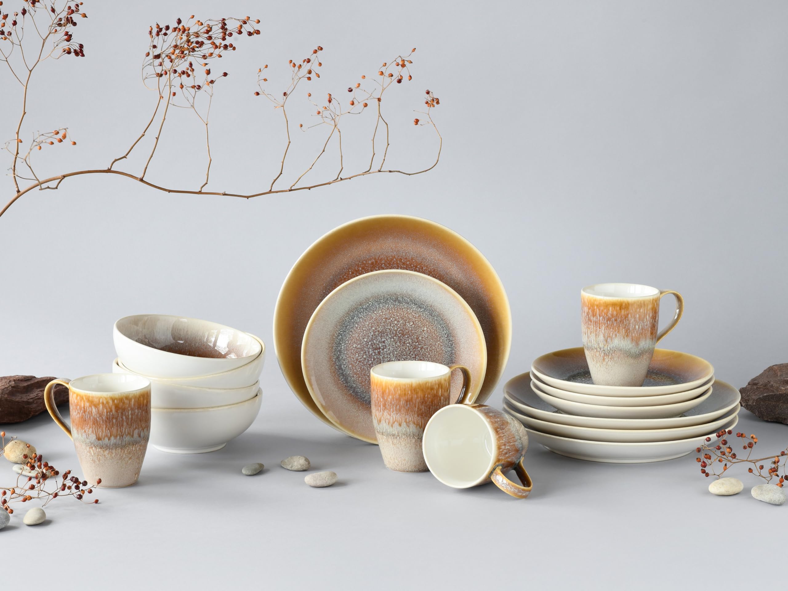 CreaTable, 24304, seria Caldera Sand, 16-częściowy zestaw naczyń dla 4 osób, serwis kombi z kamionki, nadaje się do mycia w zmywarce i używania w kuchence mikrofalowej, wysokiej jakości produkcja