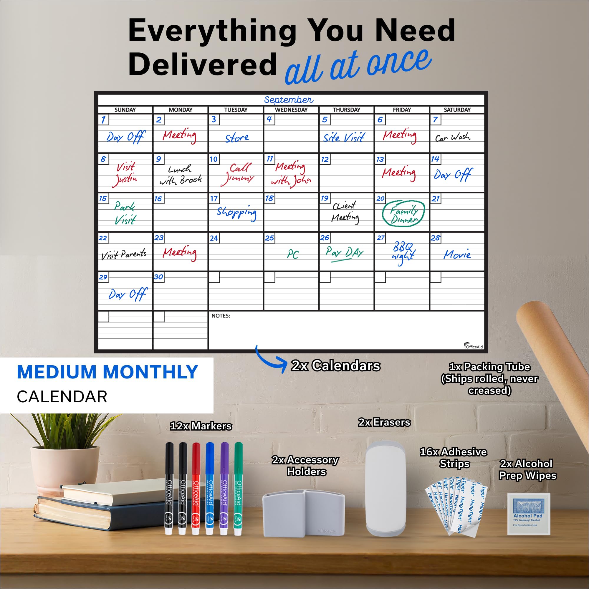 Calendario da parete laminato medio e grande, cancellabile a secco, 61 x 91 cm x 91,4 cm x 121,9 cm, pellicola mai piegata e riutilizzabile, grande calendario mensile laminato cancellabile, calendario