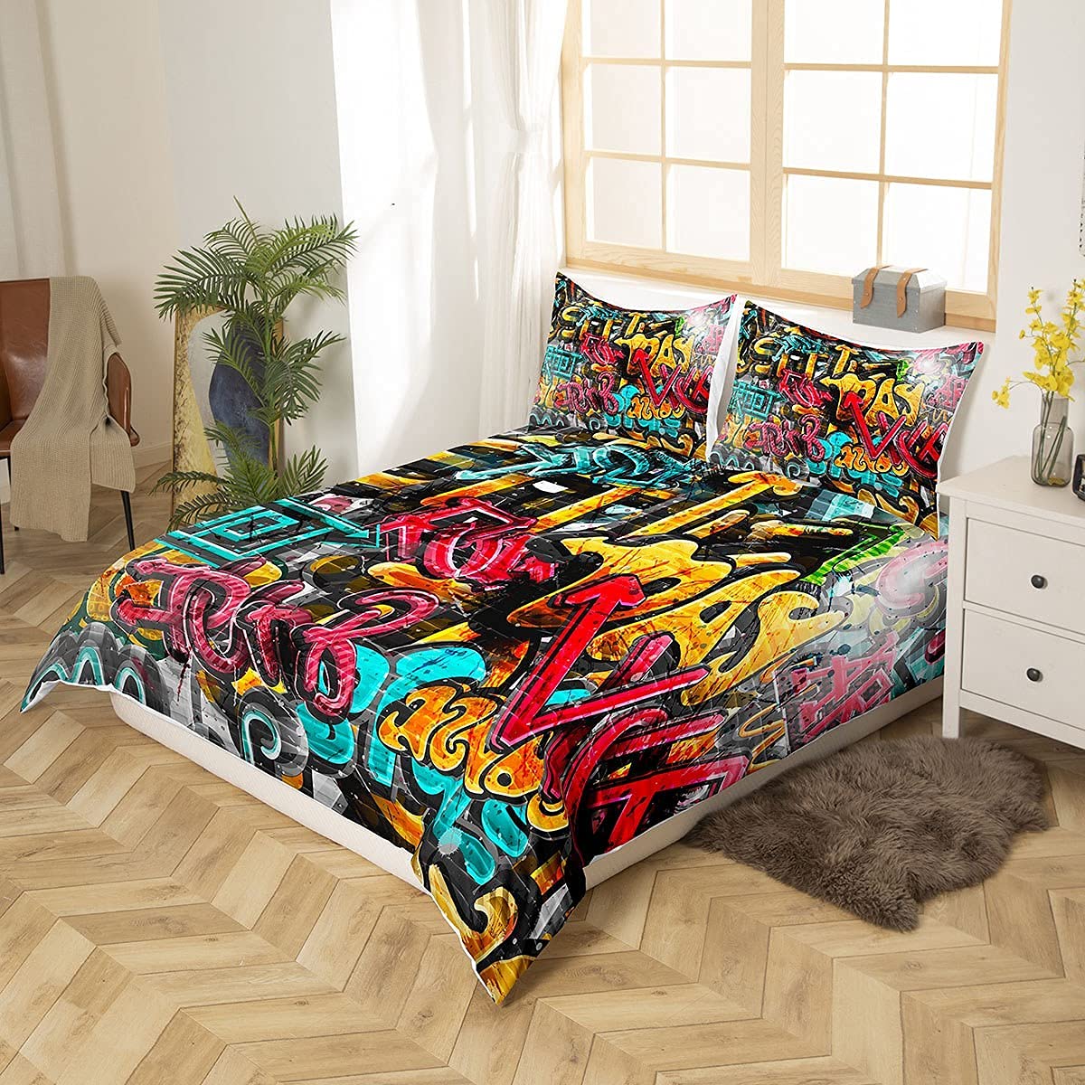 Hip Hop Décor Beddengoedset Hippie Graffiti-stijl Beddengoed & Linnen voor Kinderen Jongens Meisjes Tieners Straatcultuur Dekbedovertrek Ademend Beddengoed & Linnen Kleurrijk Dekbedovertrek