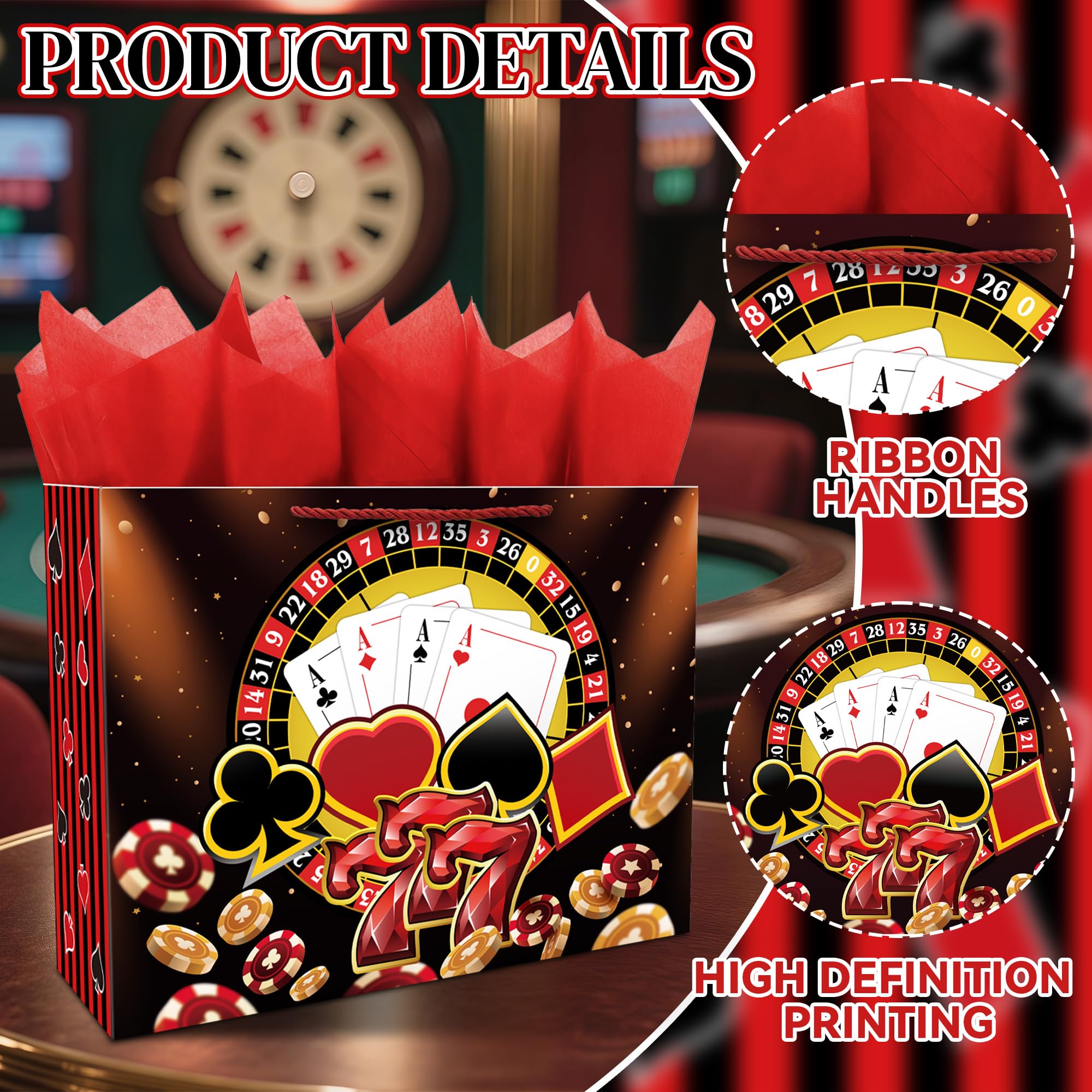 Xustanina 13" Large Casino Birthday Gift Bag (Includs Card, Tissue Paper, Envelope and Stickers), Poker-Themed Gift Bag, Las Vegas Birthday Party Supplies for Men and Women