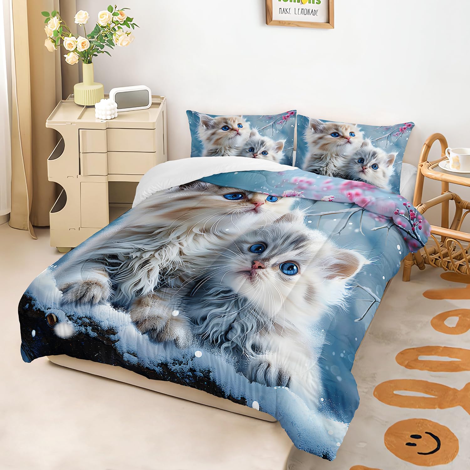 AILONEN 3D Kawaii Cat Comforter Set for Bedroom Decor Queen Size, Kawaii Animal Cat Duvet Set,Snow Plum Blossom Bedding Set for Kids Girls,1 Quilt 2 Pillowcases,3-Piece