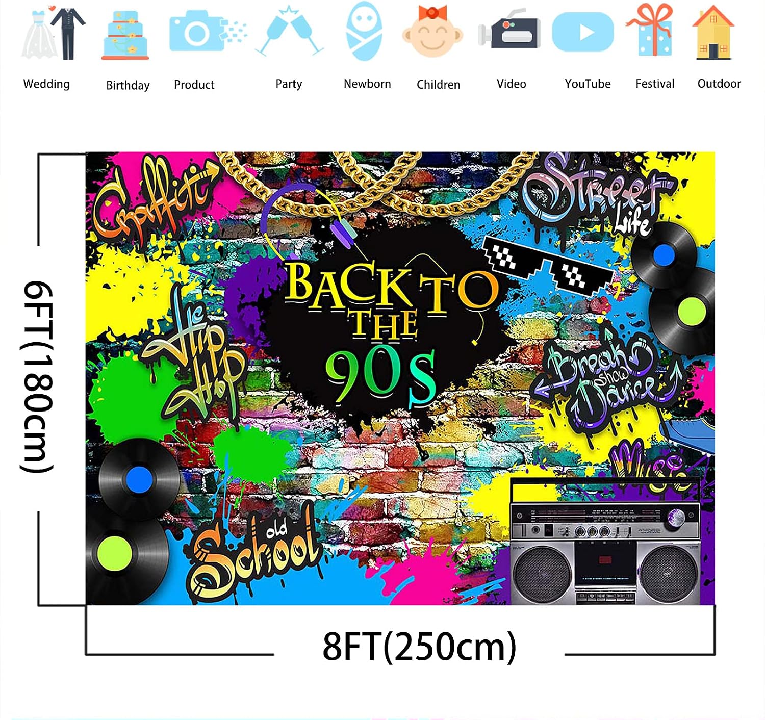Avezano Back to 90s Backdrop 90s Hip Pop Graffiti Brick Wall Radio Background 90's Birthday Party Rock Music Photo Studio Props (8x6)