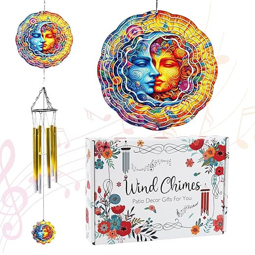 Sun Moon Celestial Wind Spinner Chimes Outdoor Astrology Sun Moon Yard Spinner Stainless Steel Celestial Wind Spinner Chime Outdoor Garden Porch Patio Decor