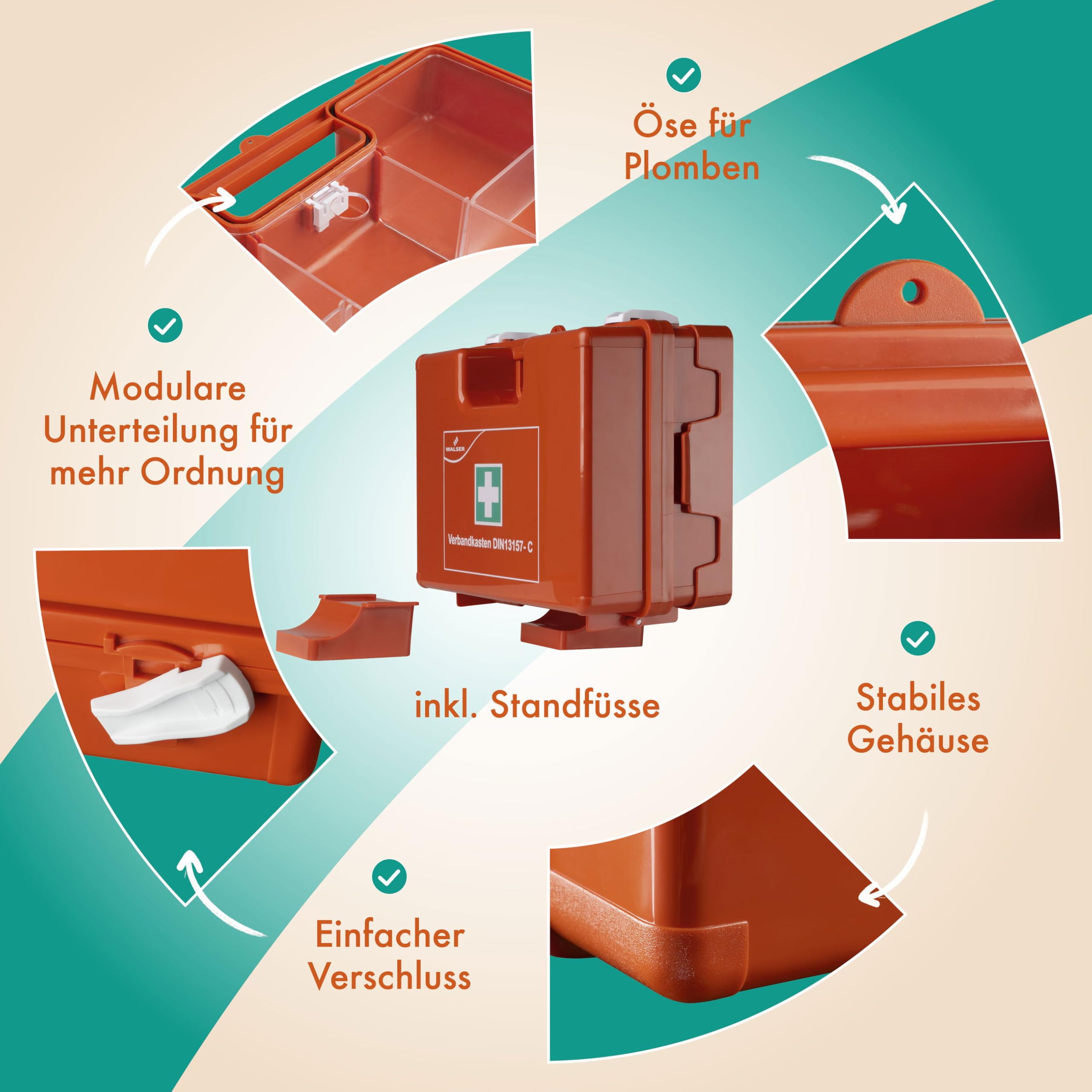 WALSER trousse de premiers secours conforme à la norme DIN 13157:2021, trousse de secours, kit médical de 84 pièces, kit de premiers urgence pour entreprises jusqu’à 50 personnes