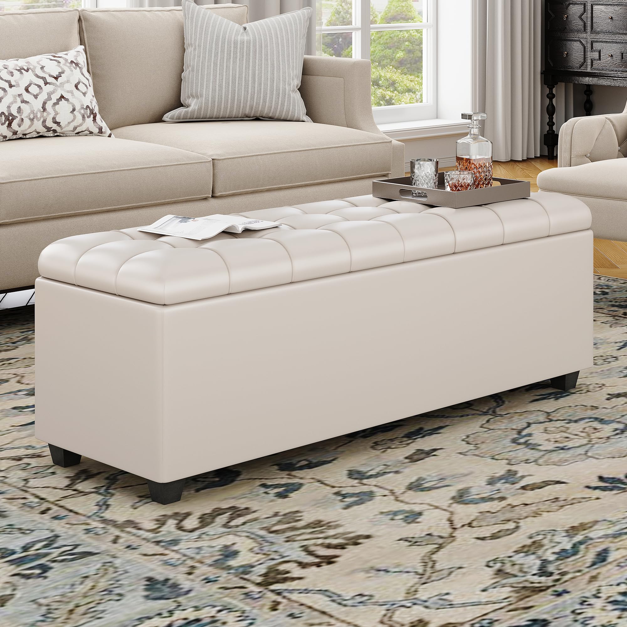 Large 30Inches long white Ottoman Bench with Storage,Storage footstool Furniture End of Bed storage benches,Faux leather Ottomans with Storage and Seat for Foot rest in Bedroom, Living Room, Entryway