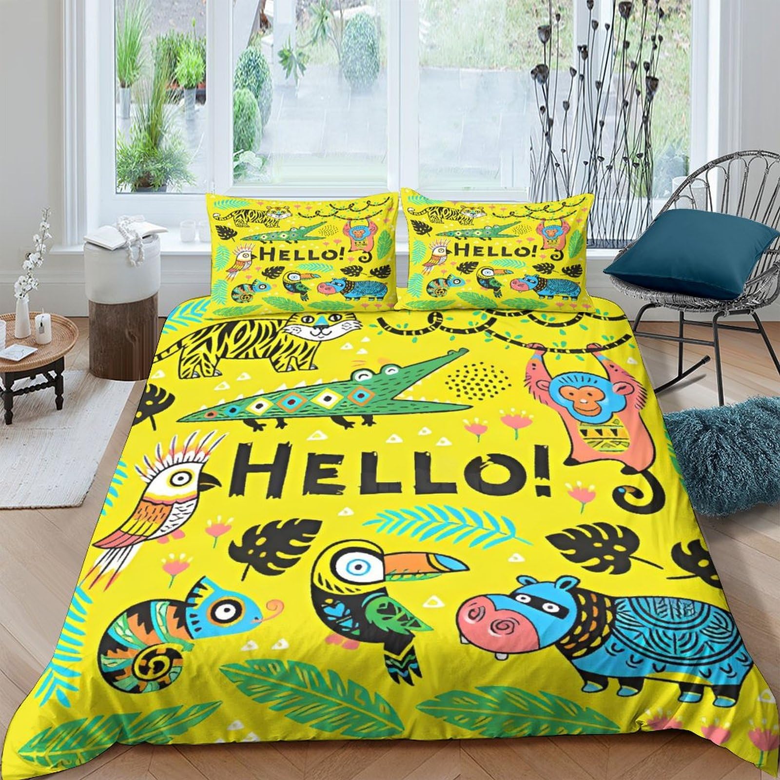 Housse de couette animaux 200x200 parure de lit imprimé puzzle en microfibre avec zip