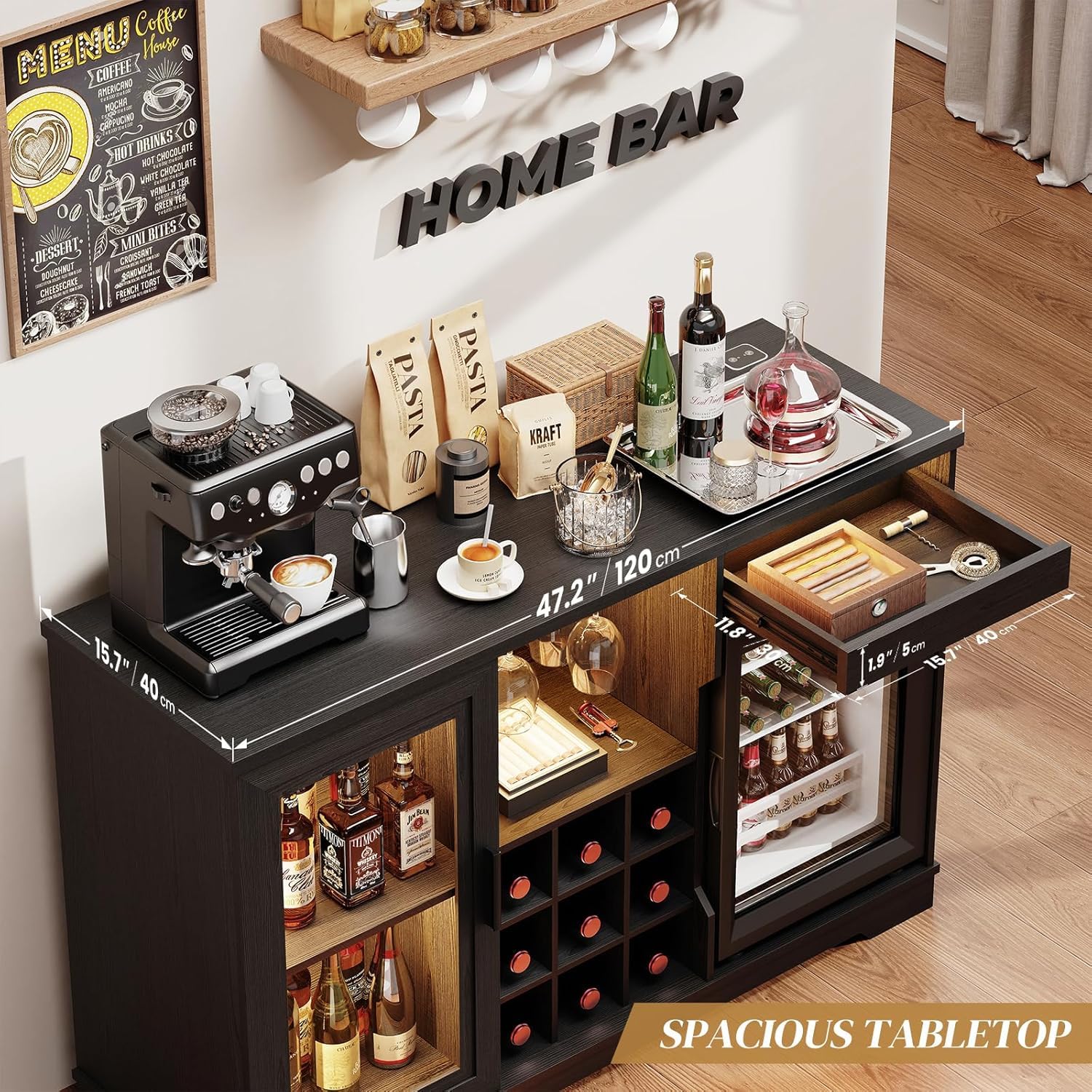 BROTTAR Meuble Bar à café avec réfrigérateur (Inclus), Grand Bar à Alcool avec lumières LED, Porte-Verres et casier à vin, Meuble à vin avec détecteur de présence, Buffet Enfilade pour la maiso