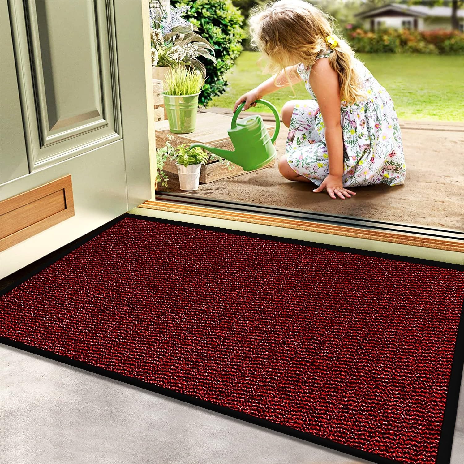 B&B Heavy Duty Rubber Door Mat Indoor & Outdoor Non Slip Small Large Rubber Backing Mats - Washable Kitchen Doormat Runner Rug for front Door Dirt Trapper (60 x 90 cm, Red)