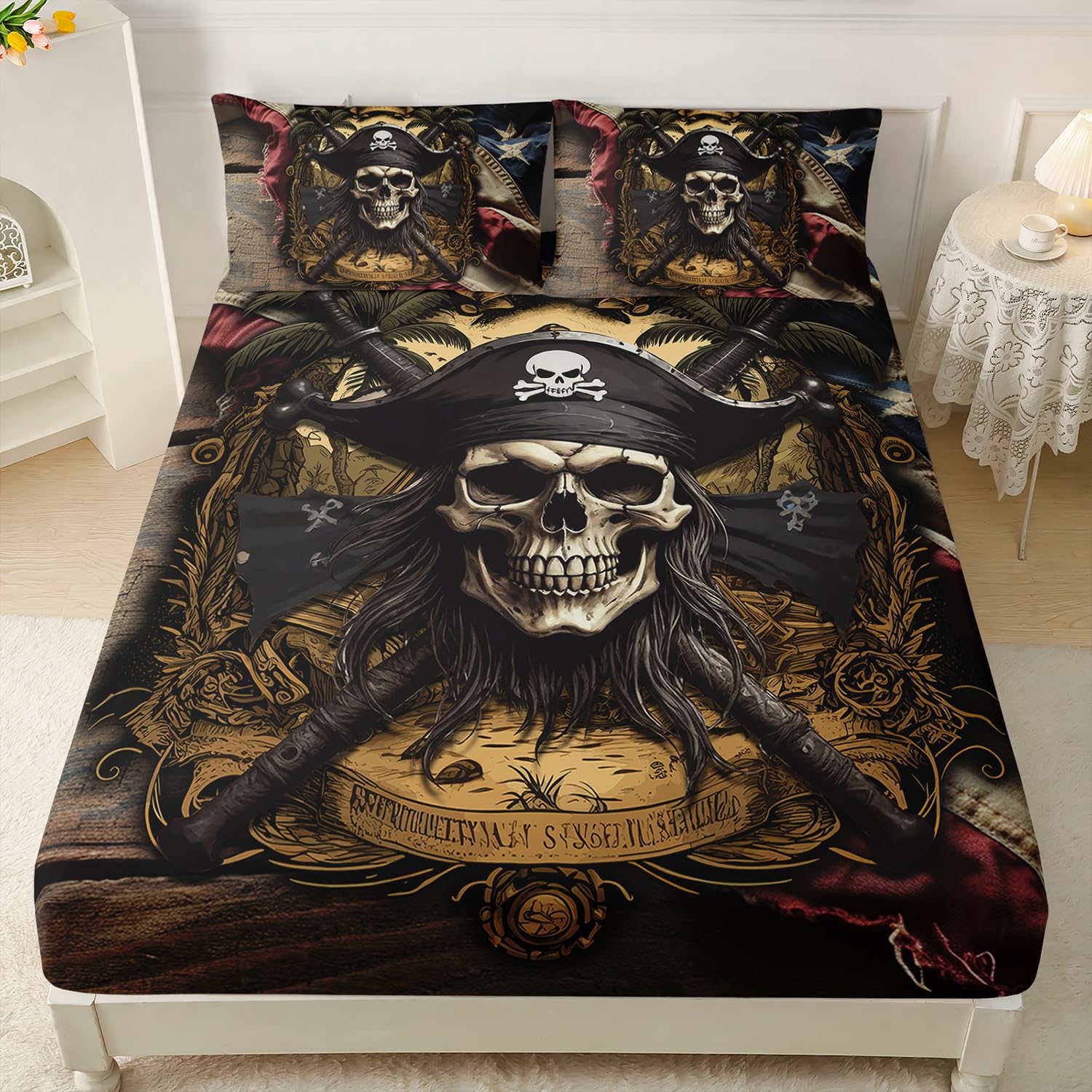 AILONEN Pirate Fitted Sheet Set for Boys, Twin American Flag Captain Skull Bed Sheet Set, 3 Pieces Retro Skull Sheet Nautical Skeleton Fitted Sheet and 2 Pillowcases