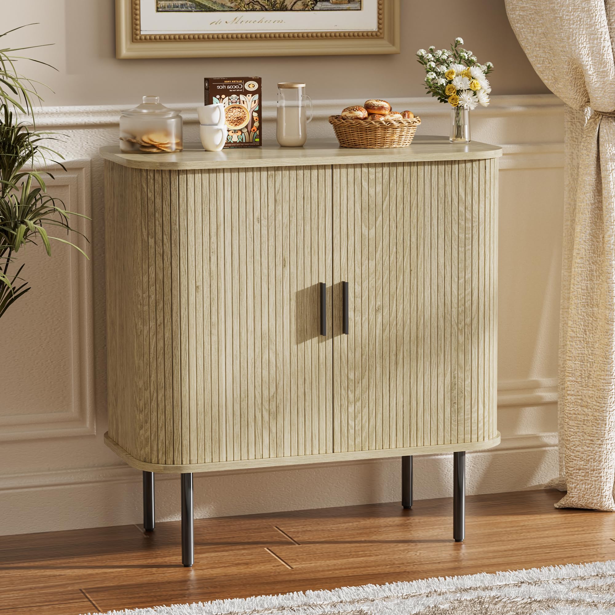 BonVache Aufbewahrungsschrank Buffet für das Wohnzimmer, Küchenschrank mit Tambour-Schiebetür, Aufbewahrungseinheit für modernes Esszimmer zu Hause, Natur