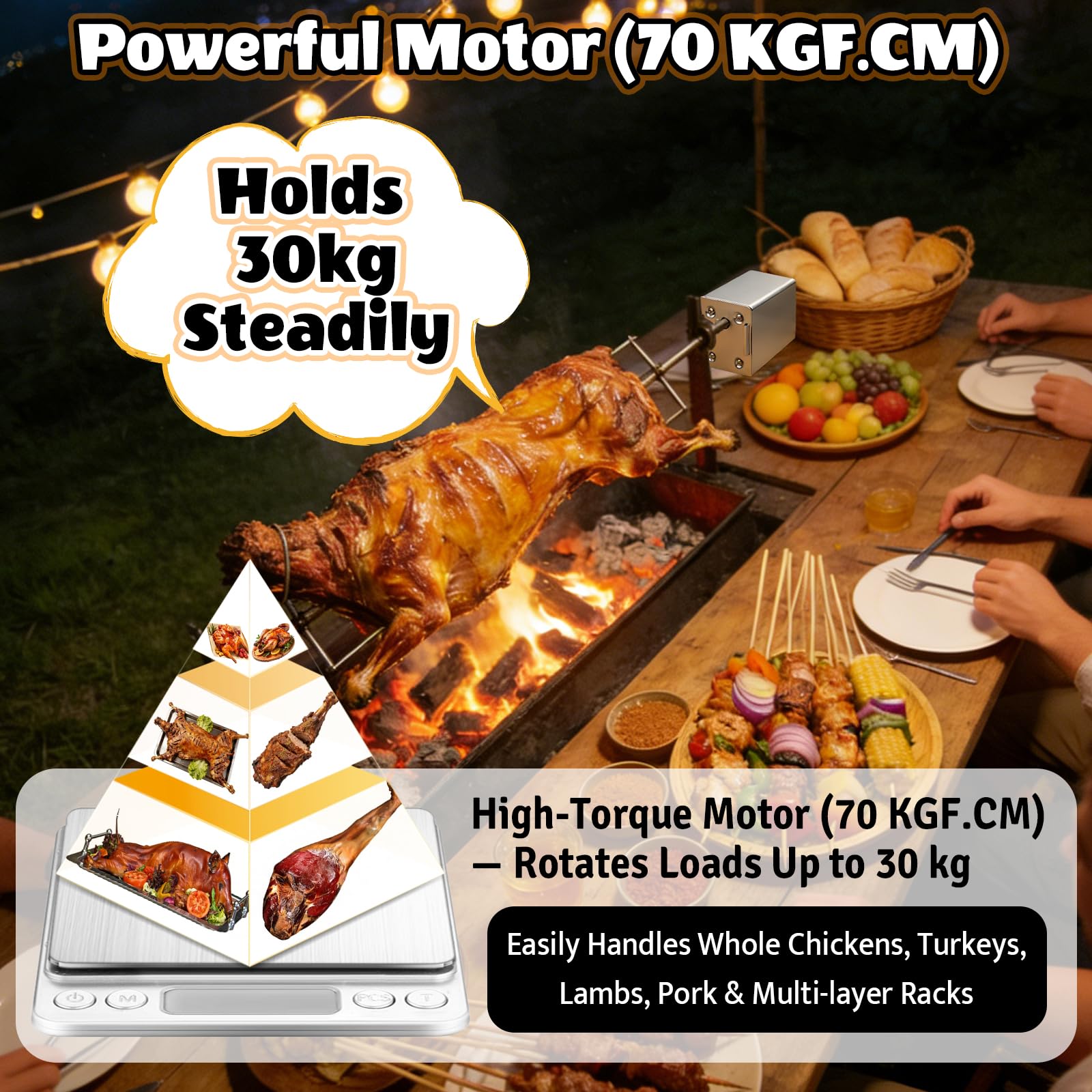 220V Motor de Asador de Pollos Giratorio, Motor para Parrilla Barbacoa Acero Inoxidable Portátil, Capacidad de 30 kg, Ideal para Barbacoas al Aire Libre, BBQ, Reuniones Familiares, Picnics y Camping