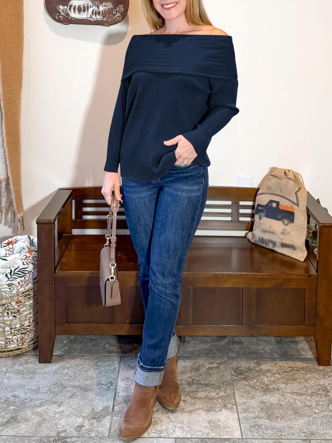 Womens Off The Shoulder Sweater Top Long Sleeve Fall Batwing Boat Neck Knit Sexy Casual Pullover - Image 5