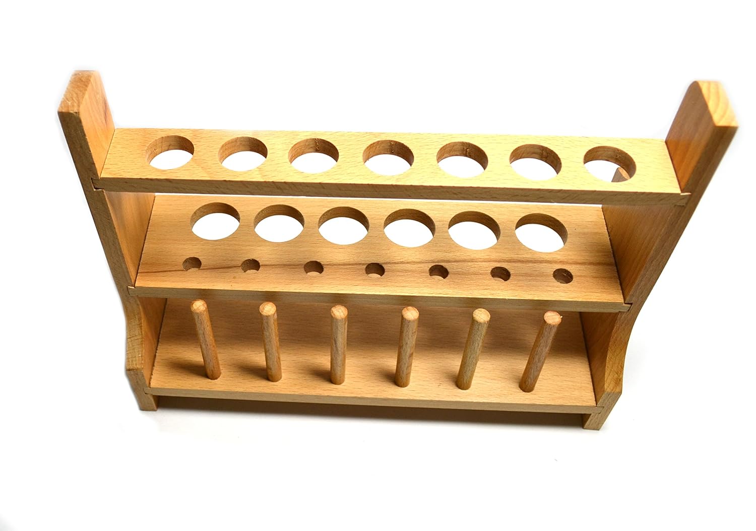 Laboratory Wood Test Tube Rack, 13 Hole, 6 Pin - 2 Shelves, Hole Size 20mm Lower - 26mm Upper - for Tall Test Tubes or stirrers - No Tip Design