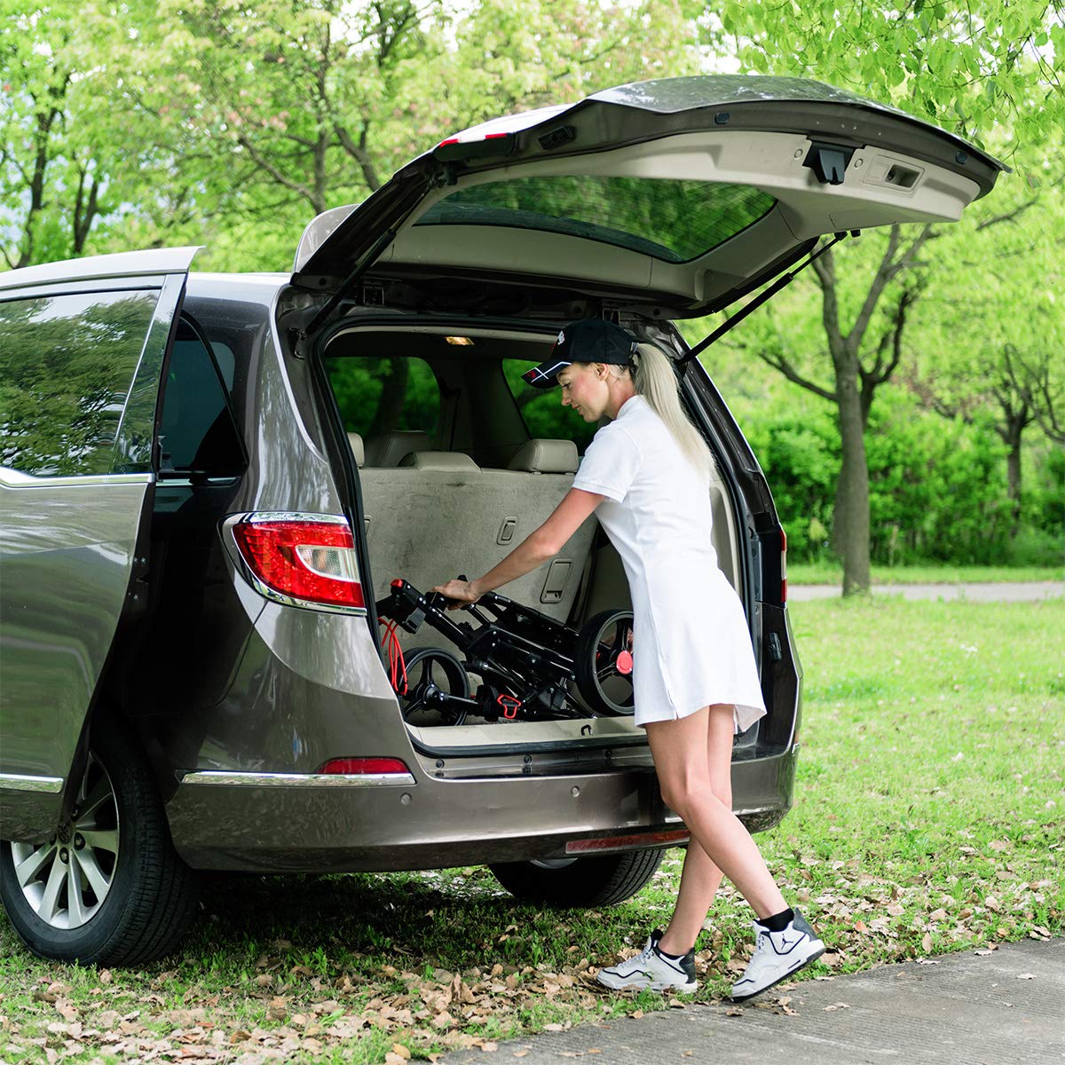 COSTWAY Carrito de Golf 3 Ruedas Plegable Ajustable Aluminio con Paragüero Negro