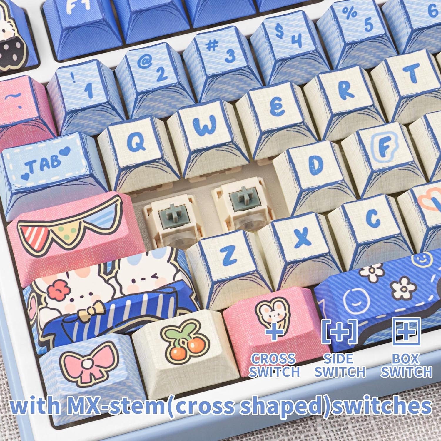 Manga Themed Keycaps 134 Key PBT Keycap Set Cherry Profile Dye-Sublimation Cute Keycaps with Denim Bunny Design for 61/87/104/108/84/64/98/96 Mechanical Keyboard