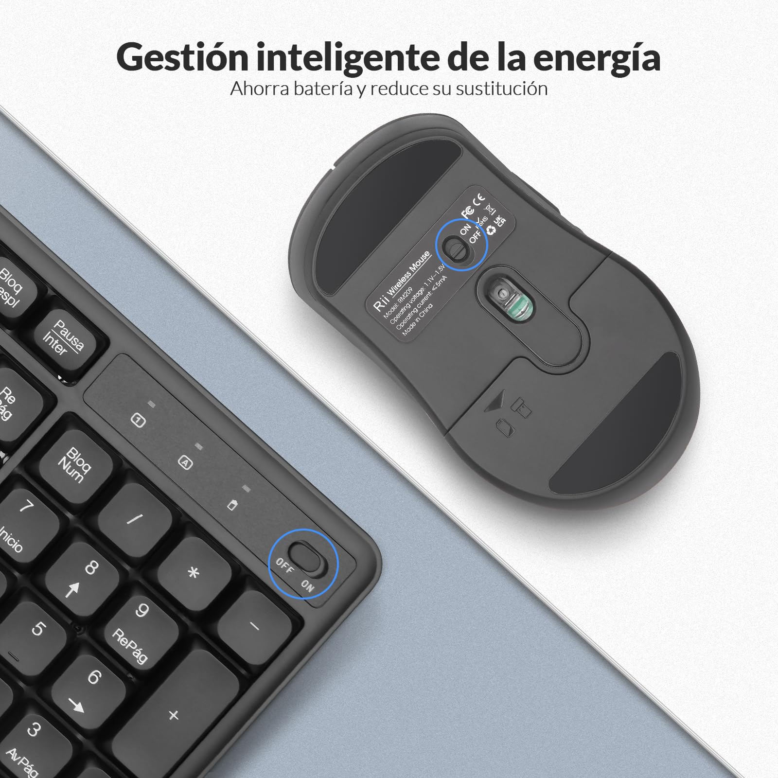 Rii RK209 Combo de Teclado y ratón Inalámbricos, Teclado y Ratón Silenciosos, con Receptor 2,4G(No Incluye Pilas)