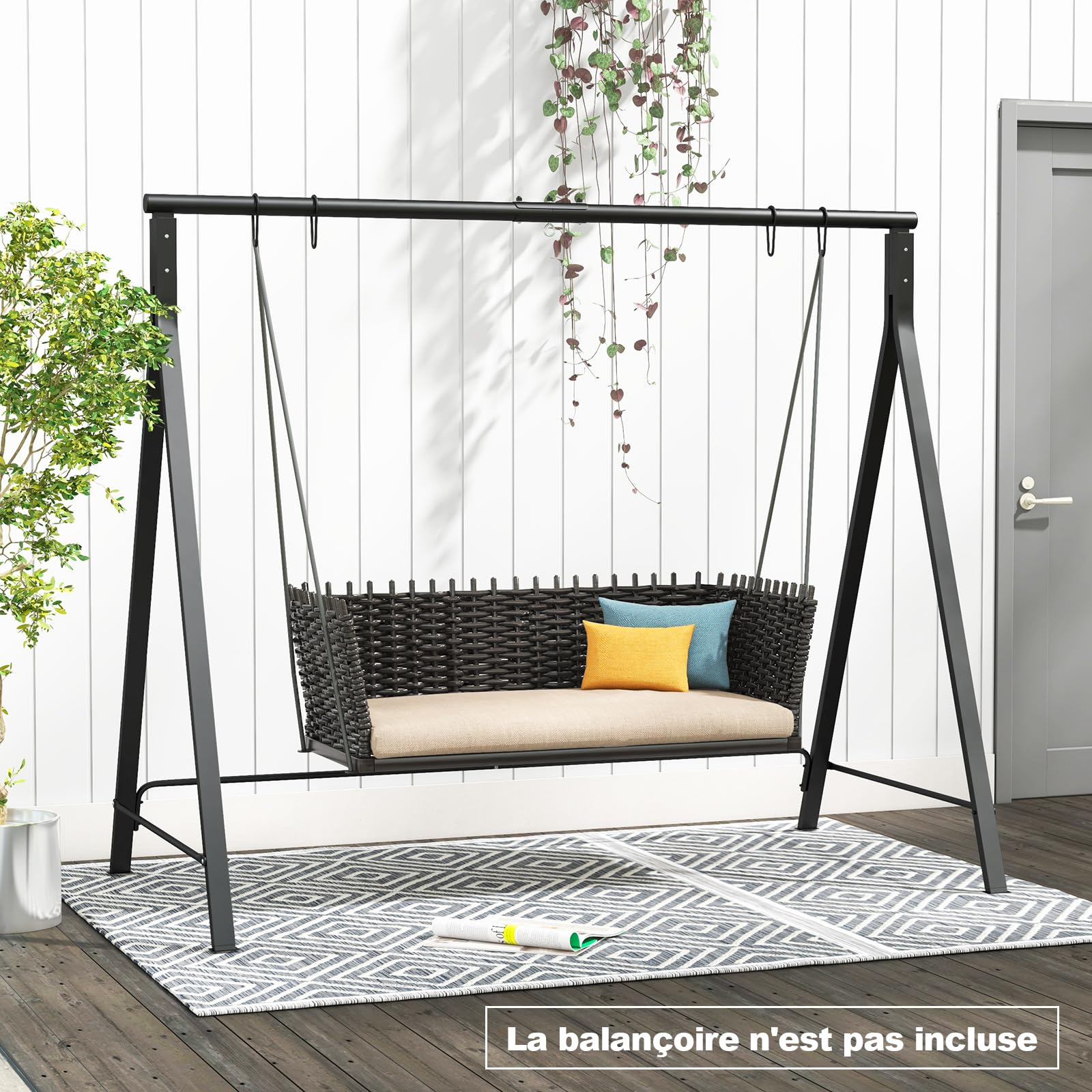 COSTWAY Cadre de Balançoire en Métal avec 5 Anneaux de Suspension, Support de Balancelle en Forme de A avec Patins Antidérapants, Charge 120/160kg, pour Jardin Cour Balcon, 210 x 115 x 175 cm