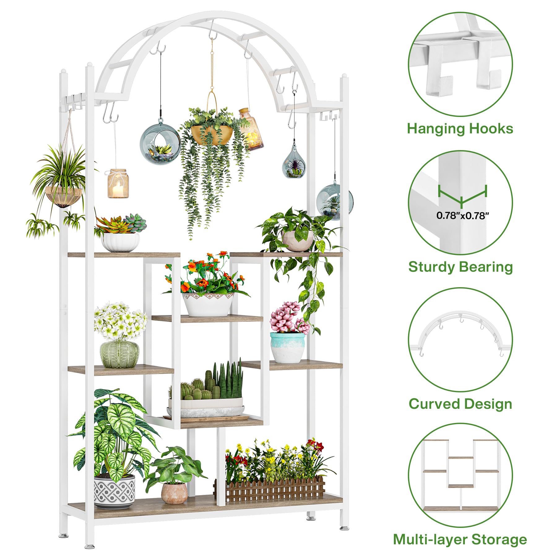 Tribesigns hoher Pflanzenständer für den Innenbereich, 5 Etagen, 190 cm gewölbtes Metall-Blumenregal mit Hängehaken, großes Bonsai-Topf-Display-Regal für Garten, Balkon, Wohnzimmer, Weiß und Grau