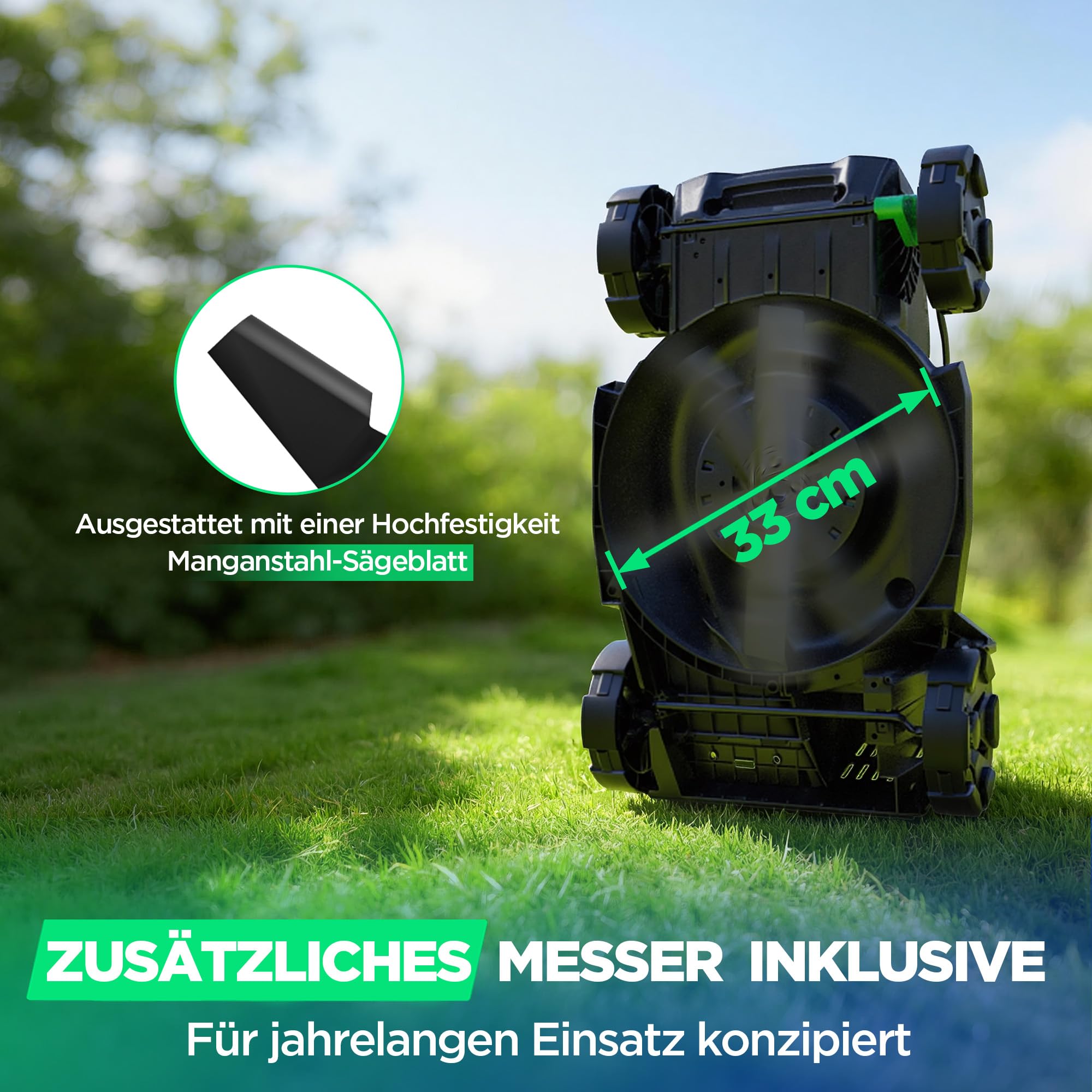 Akku-Rasenmäher für kleine Gärten, 33 cm Arbeitsbreite, bürstenloser Antrieb, 2-in-1 Mulchen & Fangen, mit 5,0 Ah Akkus für bis zu 300 m² pro Ladung, inkl. Typ-C-Ladekabel