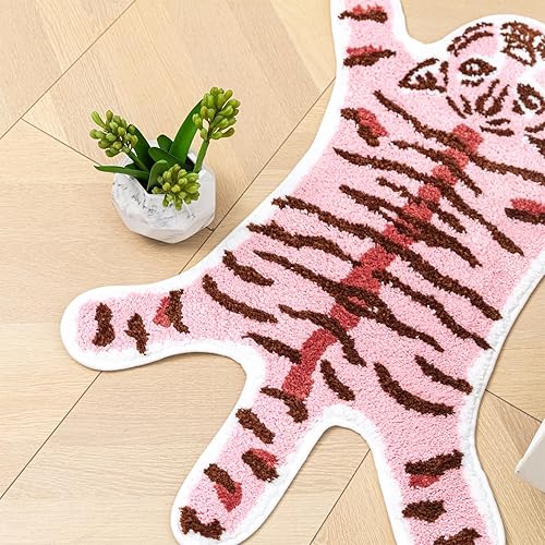 Miniatura 7 de Alfombra de baño de tigre para baño, bonita alfombra de baño de tigre rosa, antideslizante, con forma de animales de dibujos animados, absorbente,