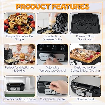 Puzzle Waffle Maker by StarBlue Fun Playful Puzzle-Shaped Waffles | Includes Squeeze Bottle for Easy Filling | Non-Stick & Cool-Touch Design | Great for Kids, Parties & Gifting | 120V 60Hz 1080W