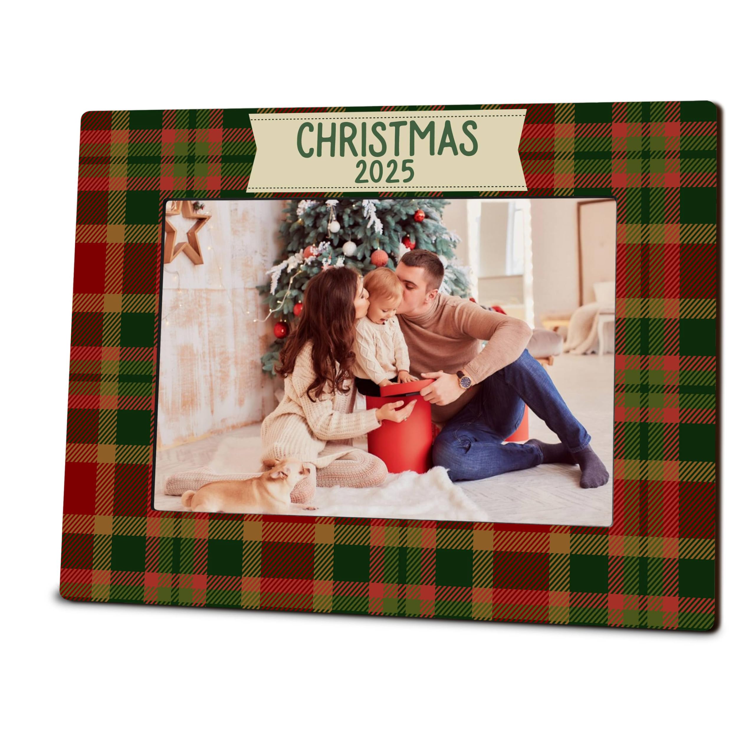 4"X6" Retro Photo Wooden Frame - Christmas 2025 - Red & Green Plaids Wood Picture Frame, Classic Wood Frame Gifts For Families, Farmhouse Home & Office Tabletop Display (Horizontal)- A11