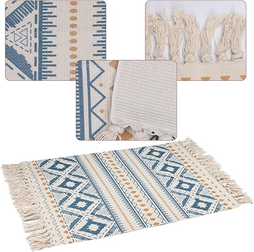 Miniatura 3 de Alfombras de baño bohemias, alfombra de cocina de 2 x 3 pies con borlas, alfombra pequeña de algodón para interiores, alfombra de baño rústica