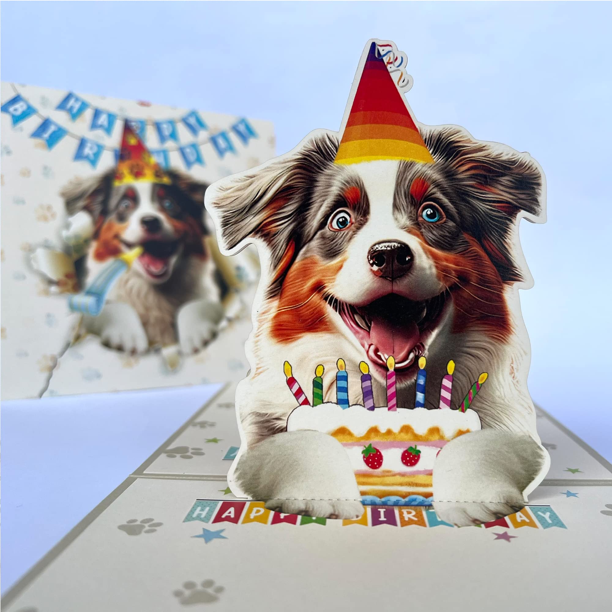 Momapopup 3D Pop-Up Australian Shepherd Dog Birthday Card - Cute Dog with Cake Celebration, Whimsical Happy Birthday Greeting for Dog Lovers - Australian Shepherd Dog 3D Birthday Pop Up Card โ image 1