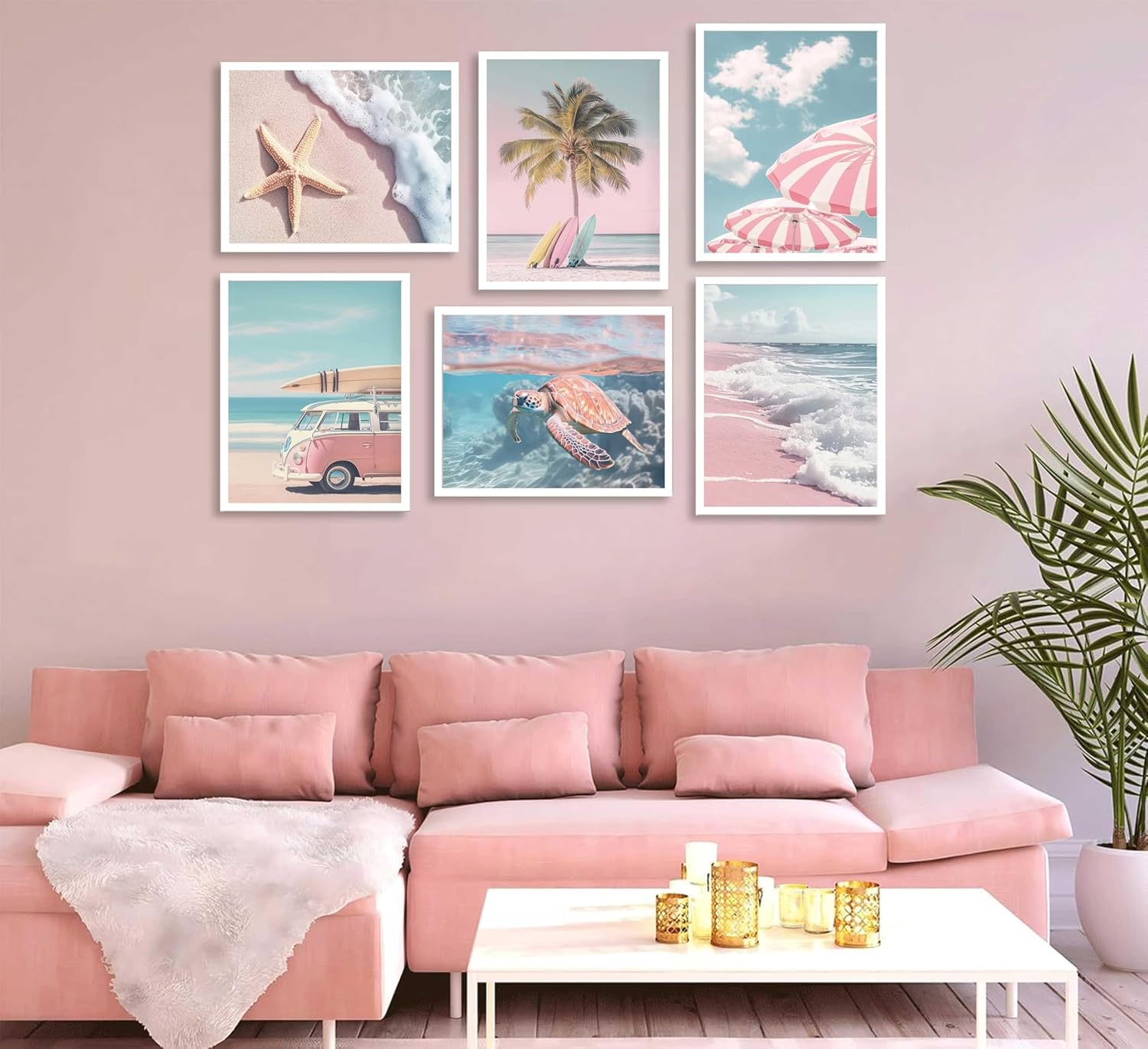 6Pcs Summer Beachy Wall Art Fresh Pink Tropical Ocean Art Print Beach Chairs Starfish Surfboard Palm Tree Wall Decor Retro Coastal Canvas Picture Bus Pink Van Posters Painting for Bedroom Unframed