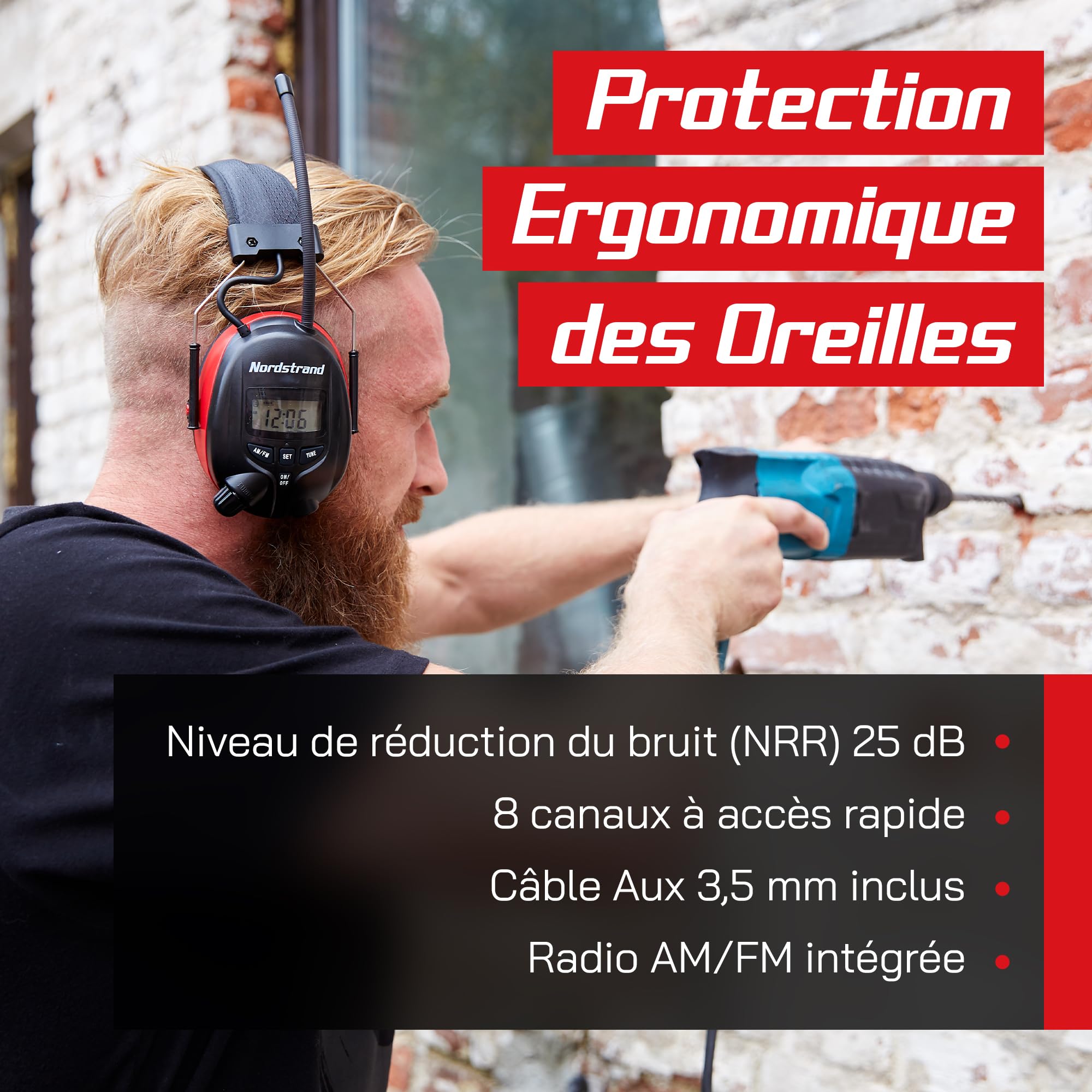 Nordstrand Casque Anti-bruit Protection Auditive - avec Radio et Stéréo | Anti-bruit d'Oreille Protection Auditive pour Construction, le Jardinage - Antibruit-Réduction NRR 25db