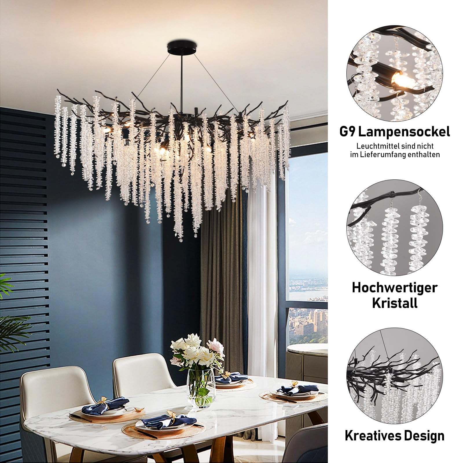 AHXIAOZN Moderno Lampadario al Cristallo,G9 Lusso Lampadario in Cristallo,K9 Rotondo per salotto, sala da pranzo, camera da letto, ristorante(Nero,120cm)