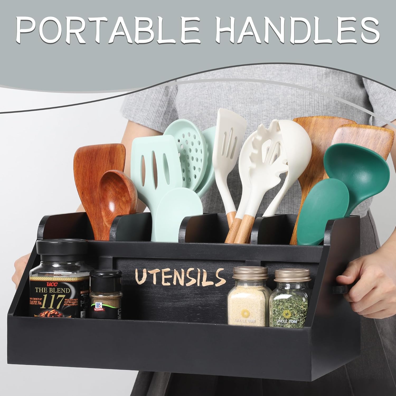 Innovation Kitchen Utensil Holder for Countertop with 5 Compartments, Utensil Organizer with Handles, Wood Extra Large Utensil Holder for Kitchen Countertop, Black(Utensils Not Included)
