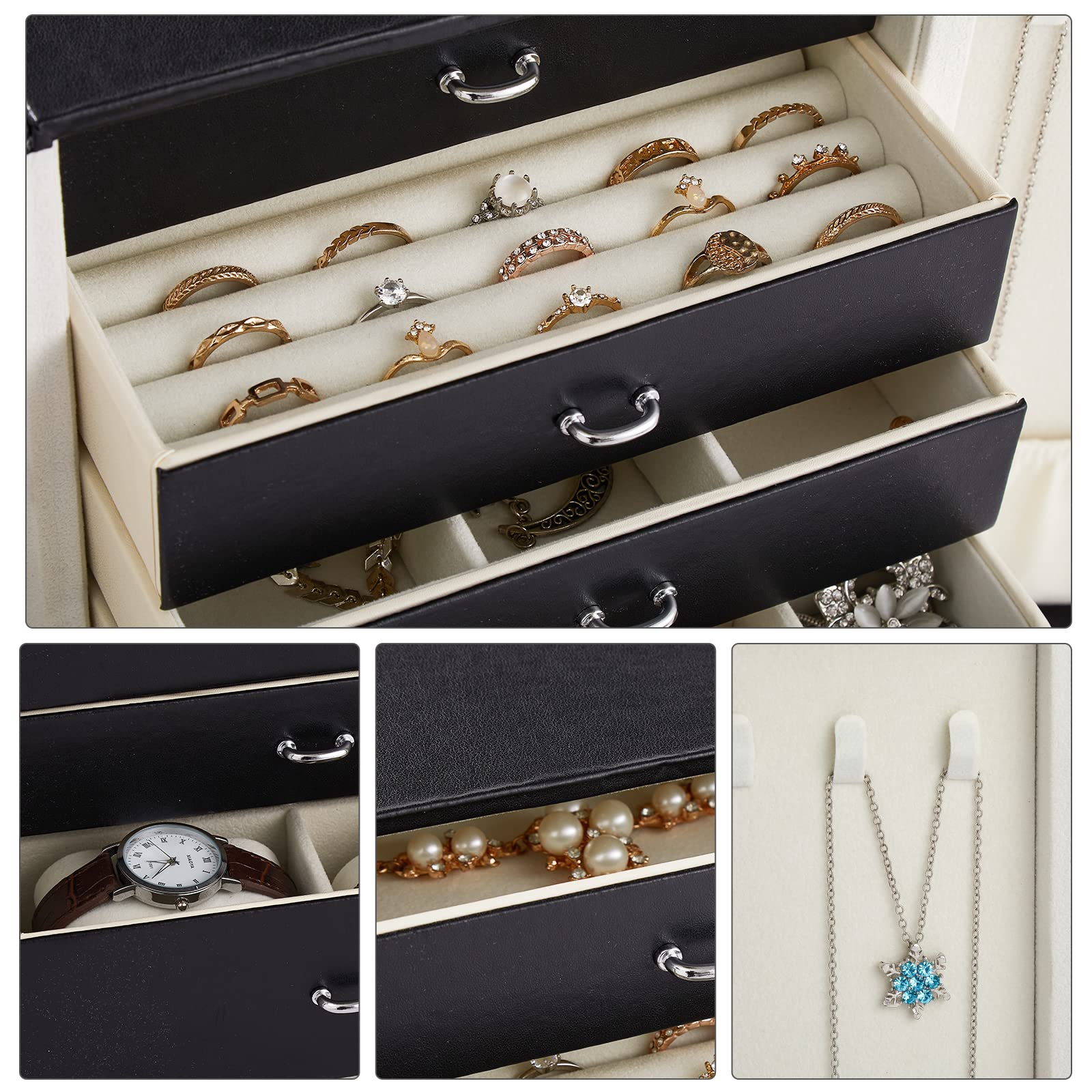 Mondeer Caja de Joyas de 5 Niveles, Joyero Grande, Cajones y Almohada para Relojes, Múltiples Compartimentos de Almacenamiento, Adecuado para Pendientes, Gafas de Sol, Pulseras, Cuero PU, Negro