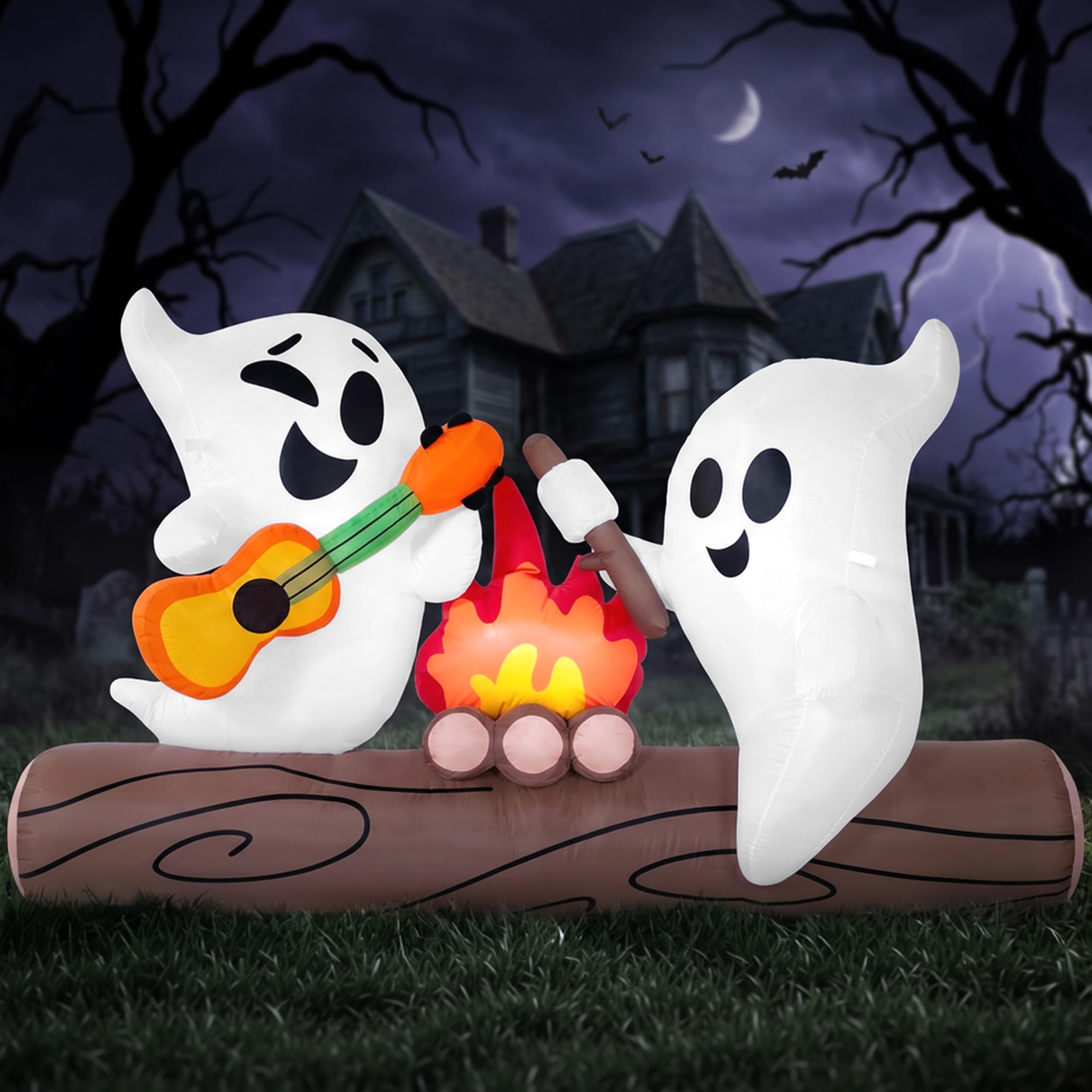 Joiedomi Nadmuchiwany duch o długości 1,8 m na Halloween, dekoracja zewnętrzna, śliczna dmuchana duch pieczeni wata cukrowa nad ogniskiem z diodami LED, dekoracja podwórka na imprezę świąteczną do