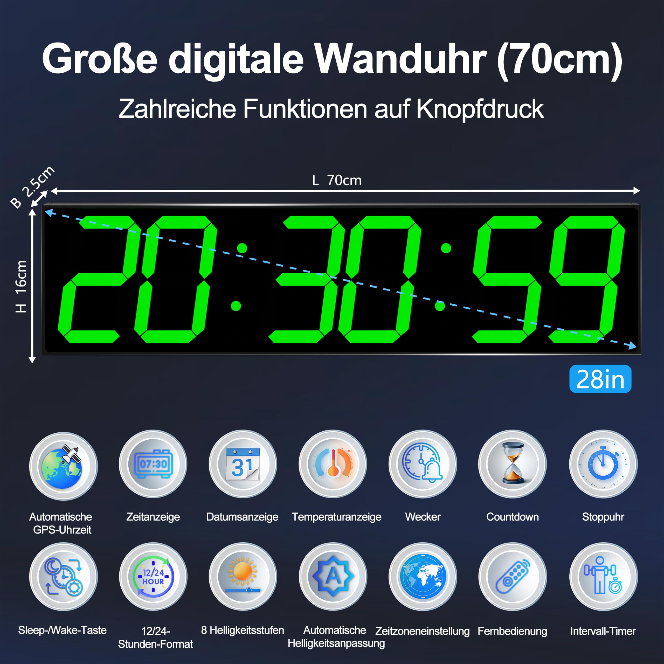 CHKOSDA Orologio da parete digitale da 28 pollici con sincronizzazione automatica GPS, numeri LED massicci da 15 cm, misurazione precisa del tempo, telecomando, timer, data e temperatura, per palestra