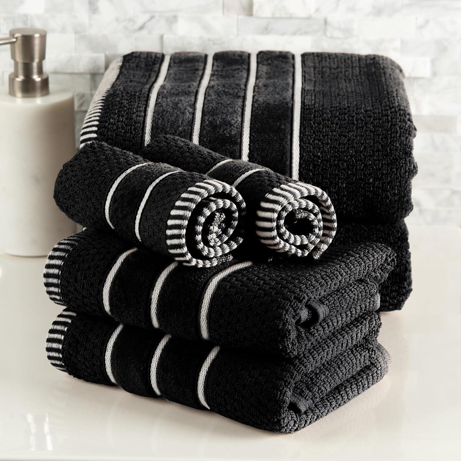 Luxury Cotton Towel Set - Rice Weave 100% Egyptian Cotton 6 Piece Set with 2 Bath Towels, 2 Hand Towels and 2 Washcloths - Black