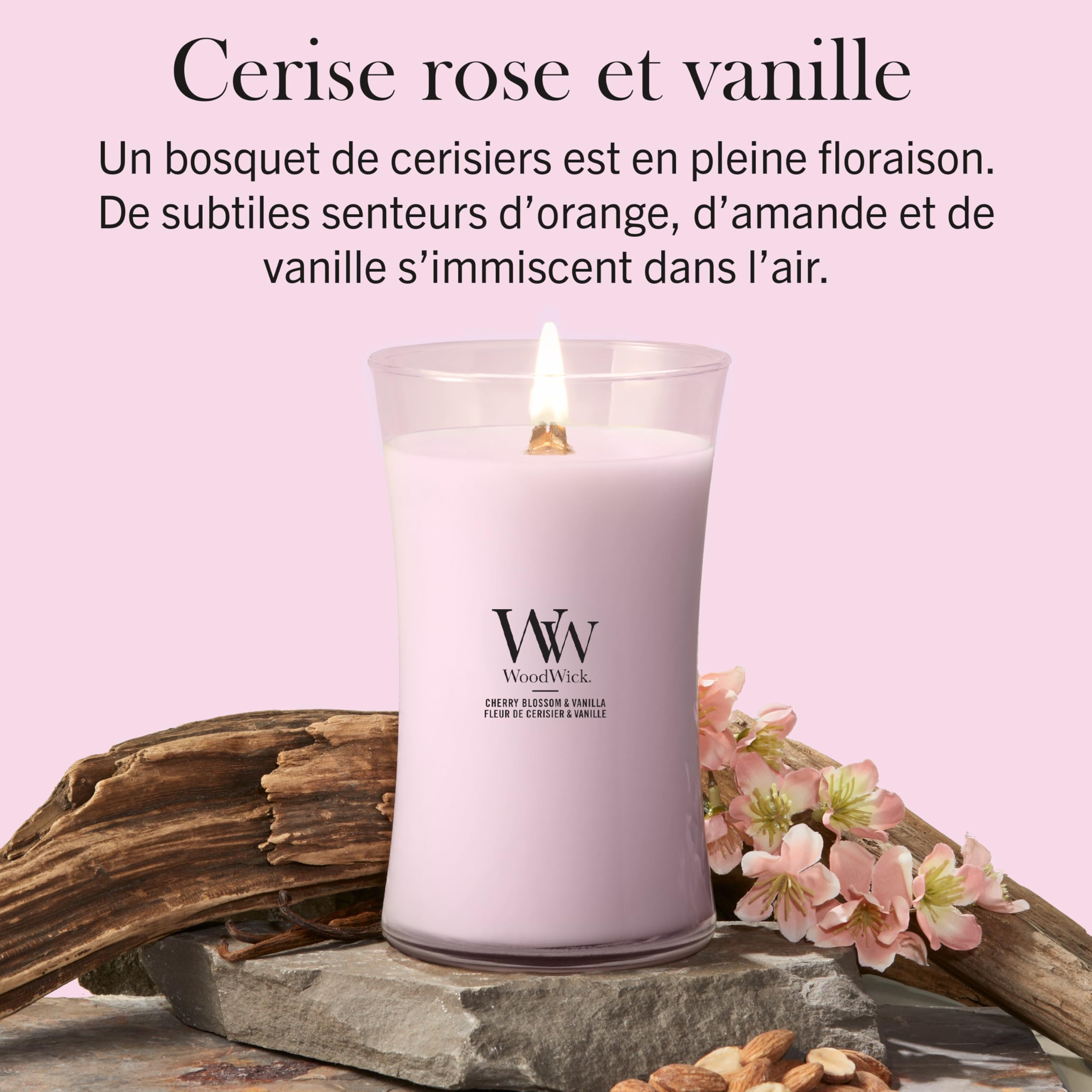 WoodWick Bougie parfumée | Grande bougie sablier | Cerise rose et vanille | Cadeaux parfaits pour femmes